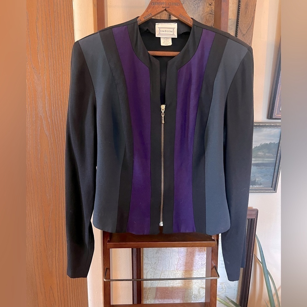Vintage EMBLEM Black Blazer w Gold Zipper, Purple and Green Color Block Sz 7/8 - Picture 1 of 7